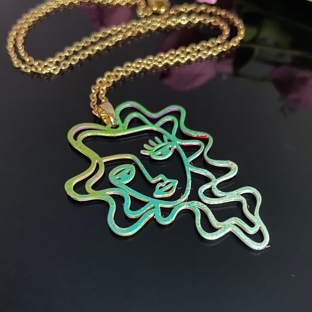 18K GP Handmade Abstract Picasso Face Double Sided Patina Pendant Necklace